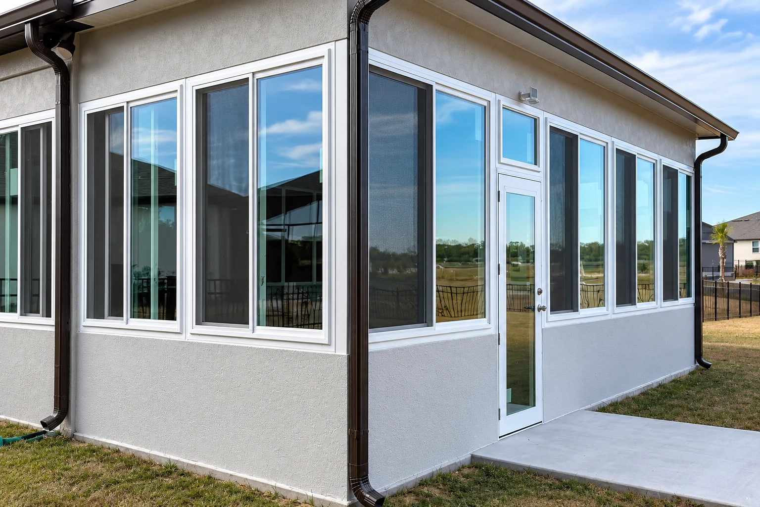 Sunroom addition with tall white-framed windows and a glass door along the side of a stucco house.